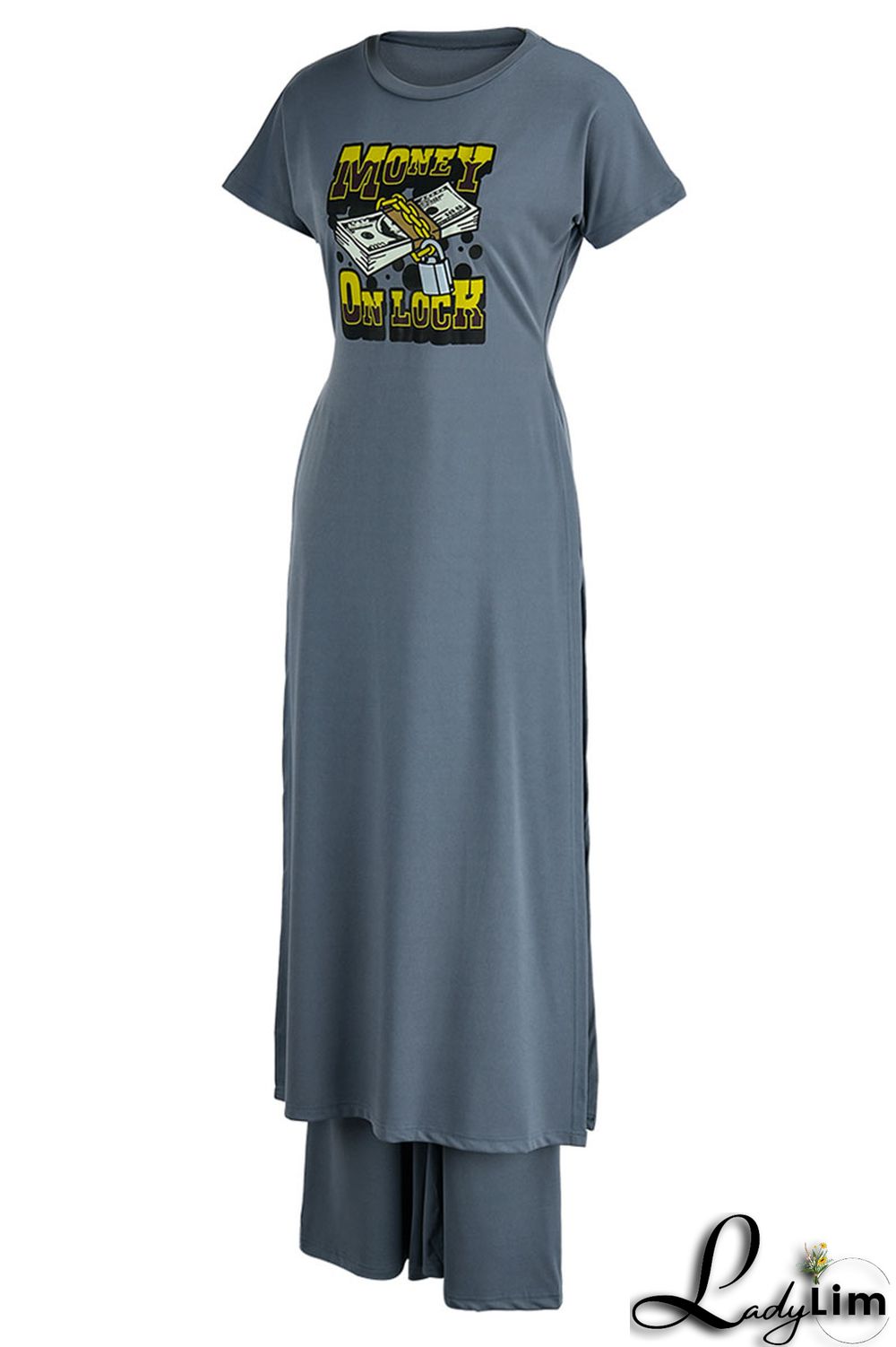 Black Casual Print Patchwork Slit O Neck Short Sleeve Two Pieces