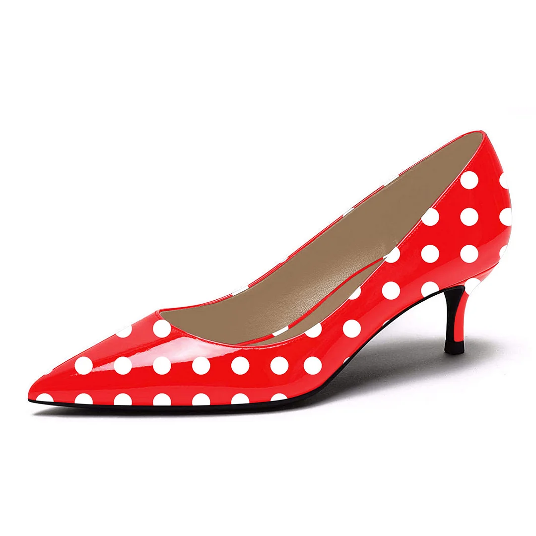 Red Patent Leather Polka Dot Pointed Toe Kitten Heel Pumps for Women