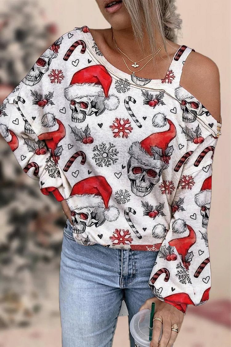 Women's Christmas Skull Printed Long Sleeve Sweatshirt