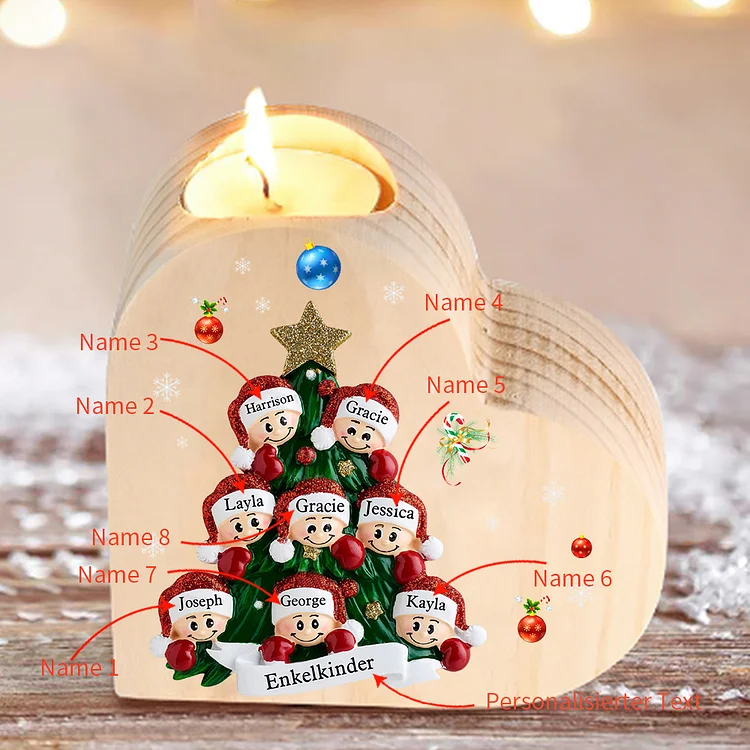Herzform Kerzenhalter Personalisierte 8 Namen & Text Weihnachtsbaum & 8 Kinder Kerzenhalter
