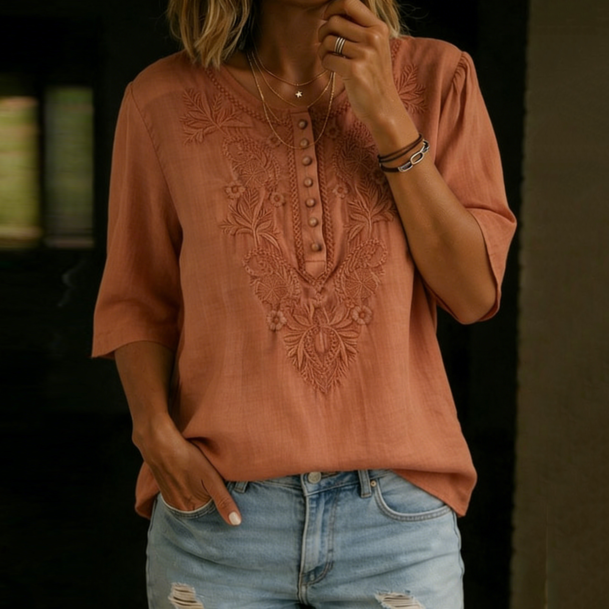 Women's Vintage Floral Embroidery Linen Shirt wearshes