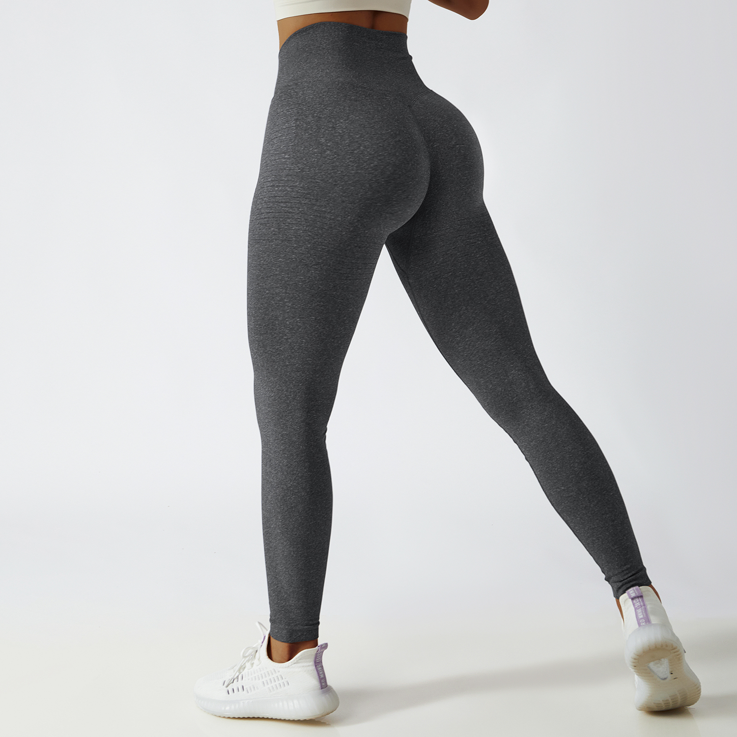 Buy Deep Gray high waist squat proof comfort peach lifting non see through slimming fit shaping seamless yoga textured pants of high quality on Hergymclothing