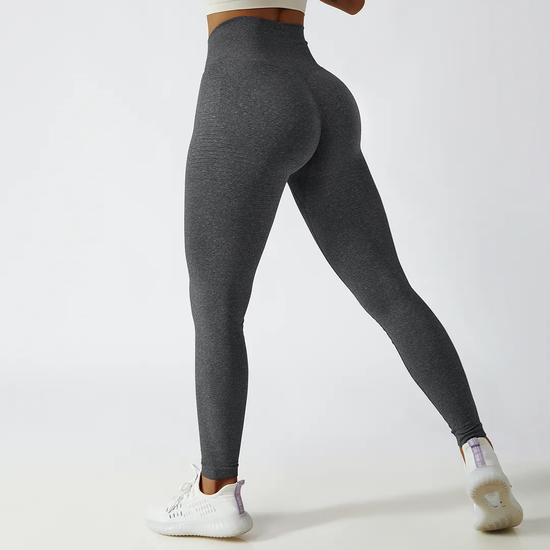 Buy Deep Gray high waist squat proof comfort peach lifting non see through slimming fit shaping seamless yoga textured pants of high quality on Hergymclothing