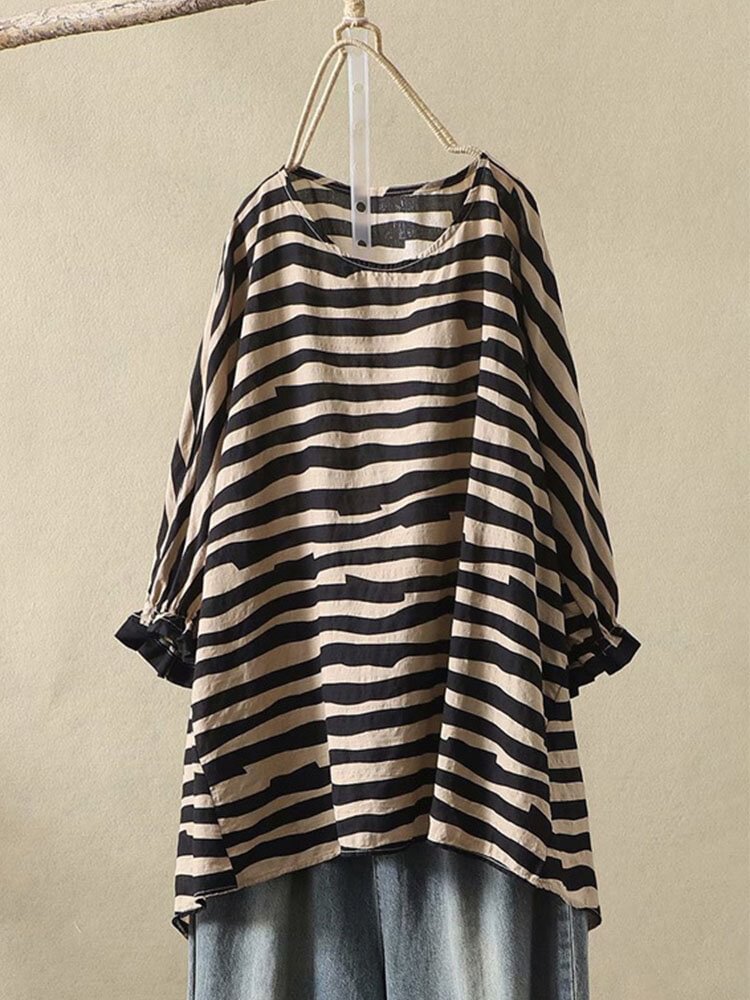 Stripe Print O neck Half Sleeve Loose Women T shirt P1858666