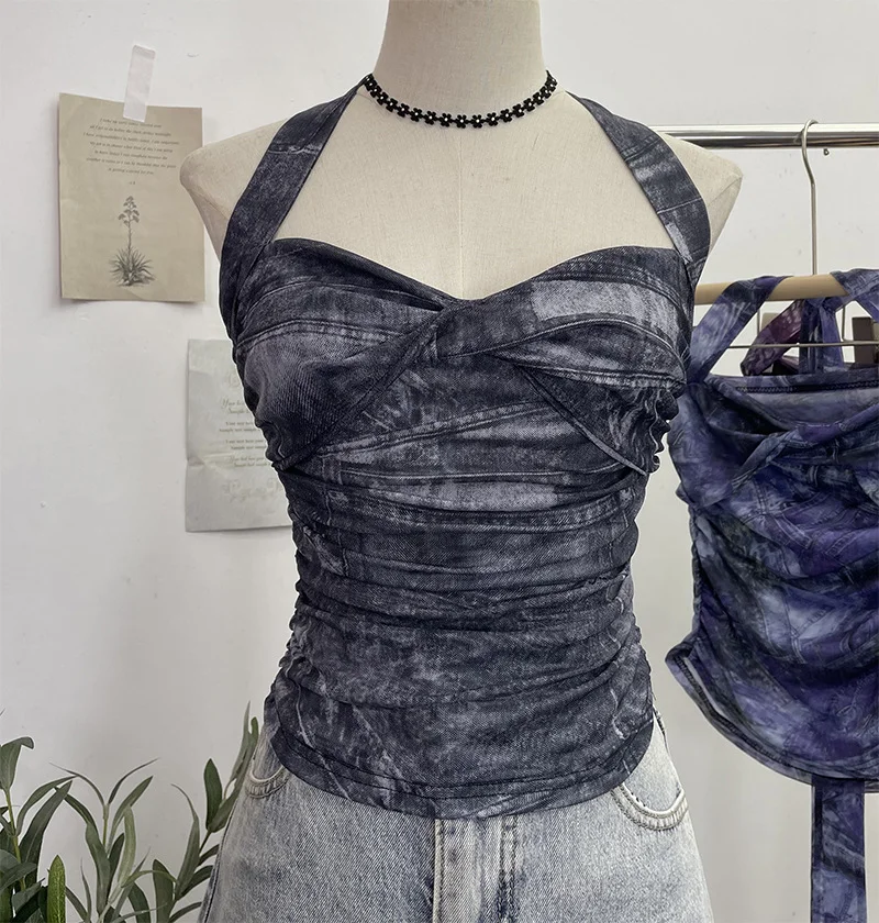 Uveng Solid Shot Tie-Dye-Dyed Denim Print Folding Mesh Sling Sling Sling Neck With Bow Striped Backwear 9921