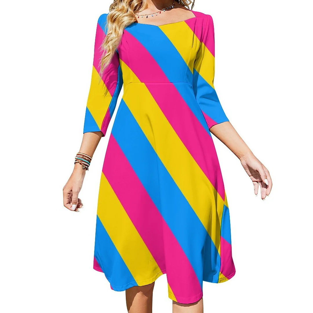 Pansexual Flag Dress Sweetheart Tie Back Flared 3/4 Sleeve Midi Dresses