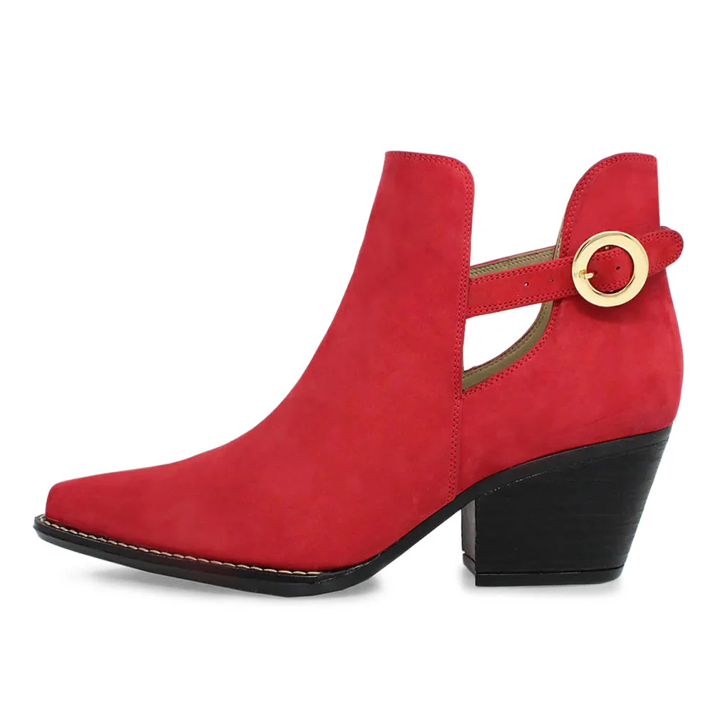 Red Vegan Suede Buckle Strap Chunky Heel Cut-Out Booties for Women