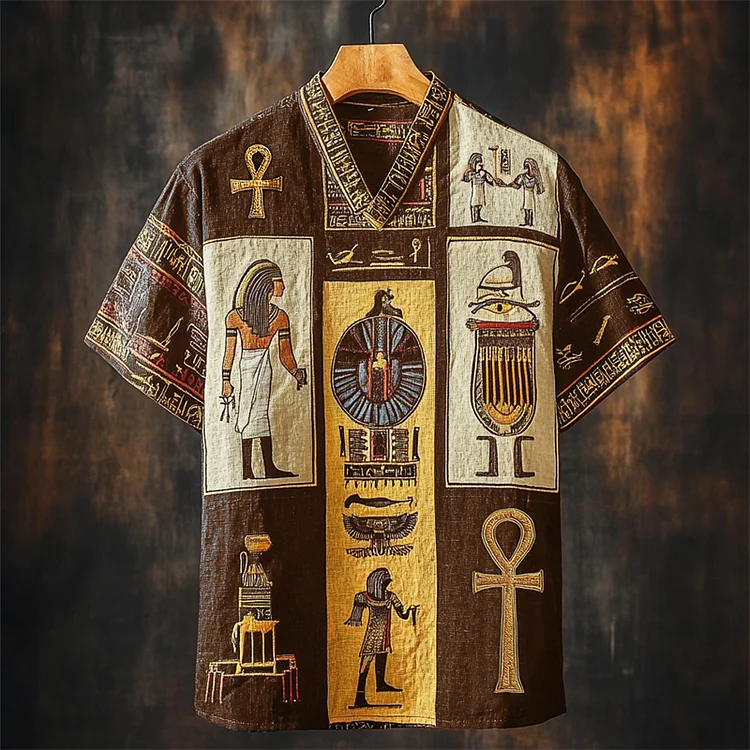 Ankh Ancient Egyptian Embroidered Colorblock Linen Shirt