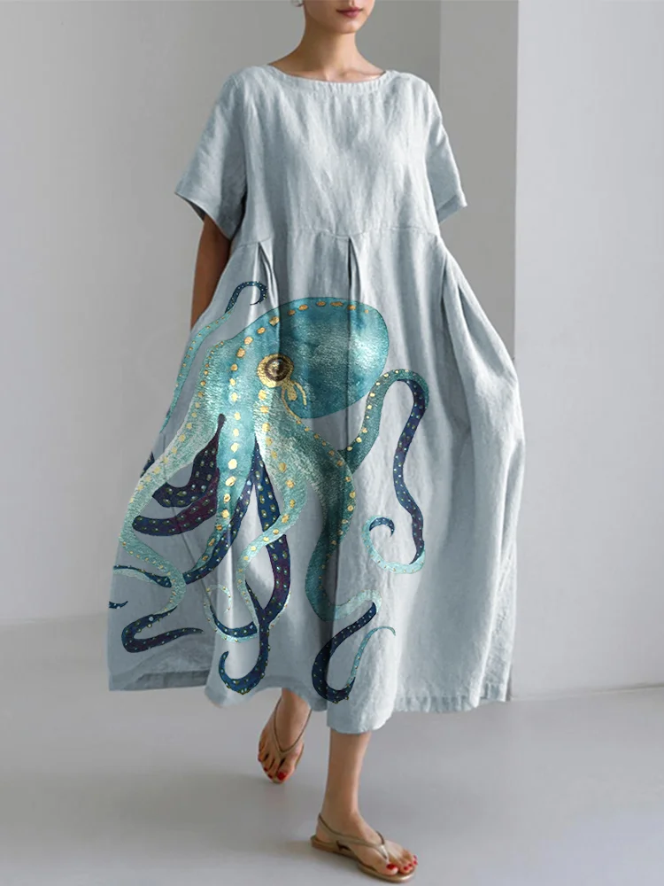 Octopus Art Painting Print Linen Blend Dress