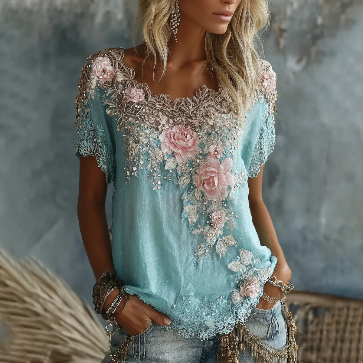 Women's Vintage Rose Floral Art Flowy Linen Blend Casual Tops