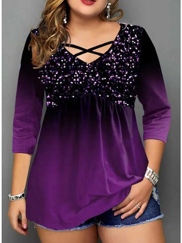 Zingj Casual Patchwork Sequin Long-sleeved T-shirt Blouses
