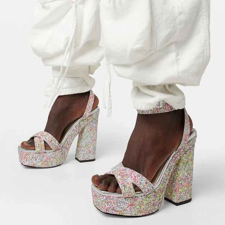 Multicolor Square Toe Glitter Shoes Women'S Elegant Chunky Heel Party Platform Sandals |FSJ Shoes