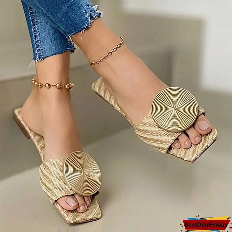 New Woman Summer Flat Sandals Plus Size Round Buckle Solid Flats Female Casual Slippers Ladies Women Fashion Beach Shoes