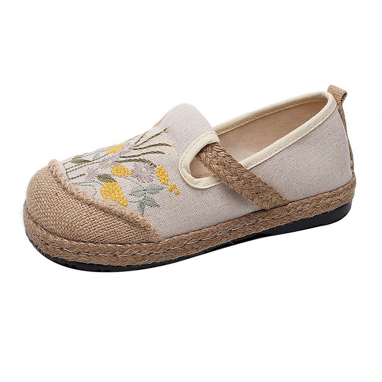 Grass Embroidered Women Handmade Linen Canvas Slip On Loafers Comfortable Summer Spring Flat Walking Shoes