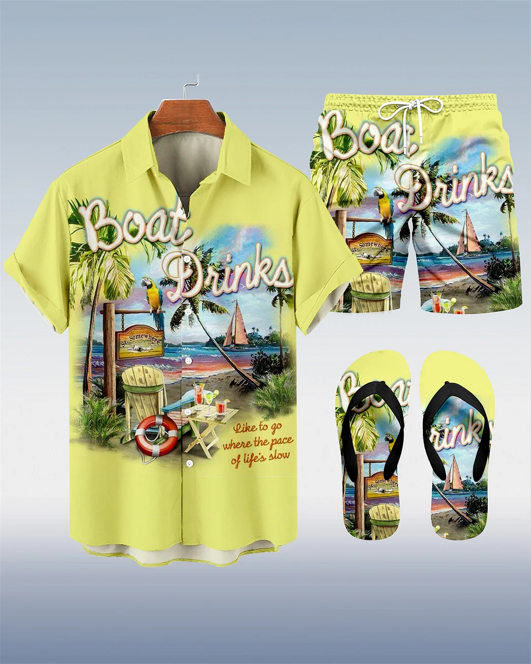 Suitmens Men's Hawaii Vacations Print Shirt Three-Piece Set 062