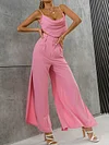Spaghetti-Neck Ruffled Top+High-Waisted Split-Side Wide Leg Pants Two-Piece Suits