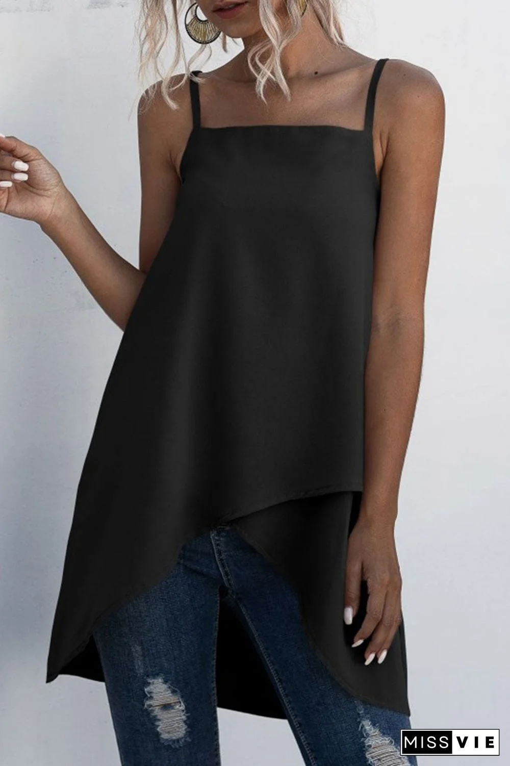 Fashion Casual Solid Split Joint Asymmetrical Spaghetti Strap Tops