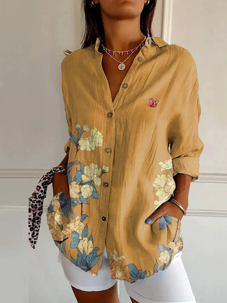 Japanese Art Floral Print Casual Long-sleeved Shirt