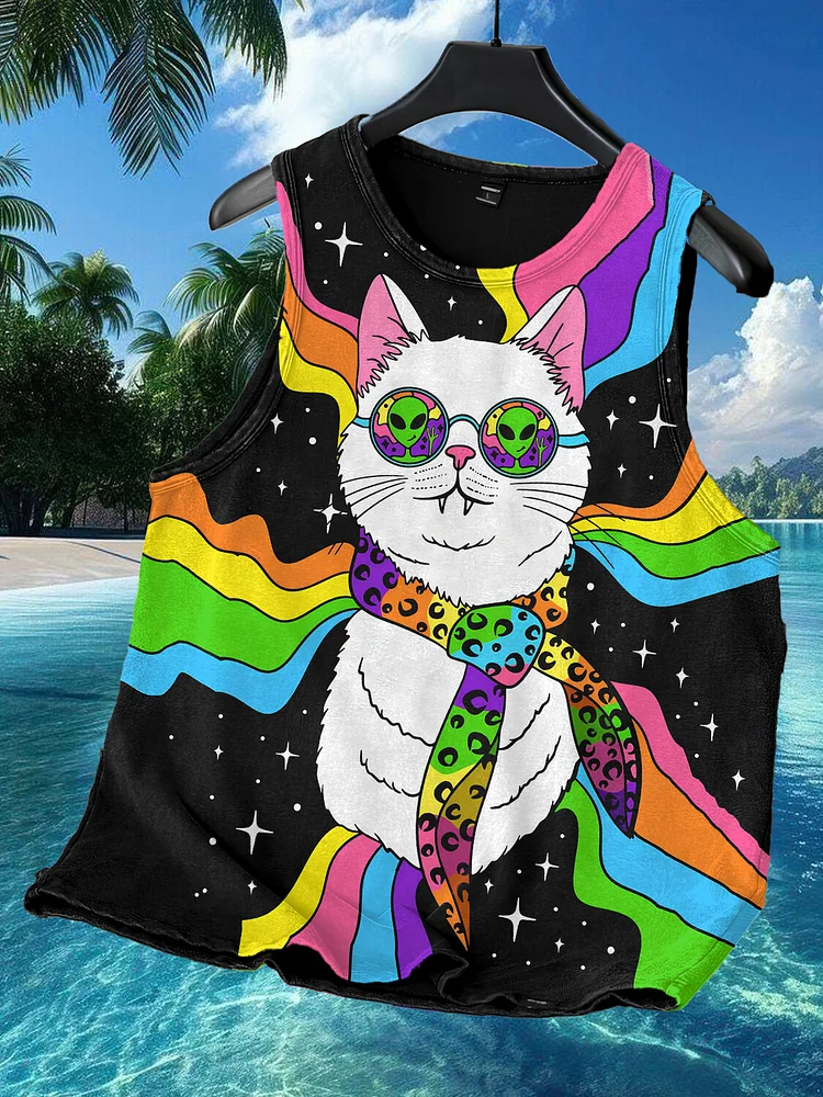 Men's Hippie Alien Cat Art Print Tank Top