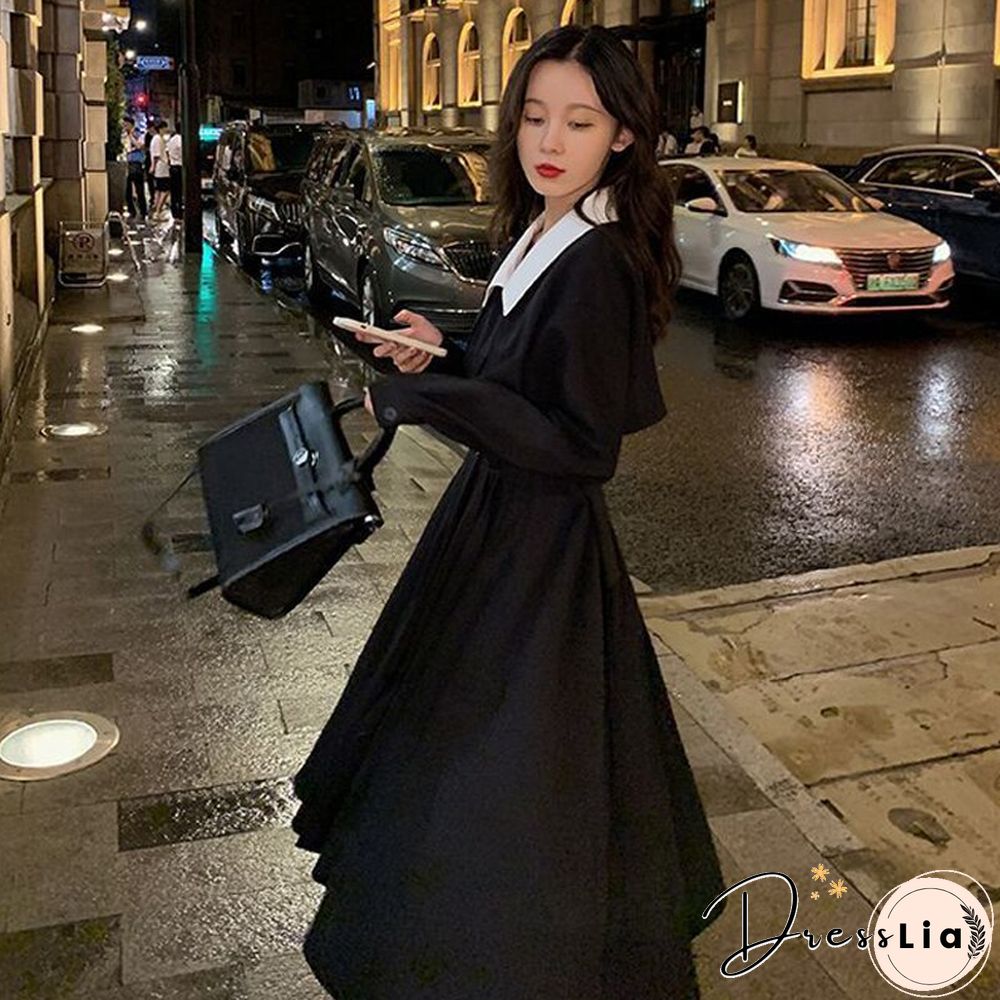 Spring Autumn Elegant Black Dress Women Loose Casual Midi Korean Fashion Lady Trench