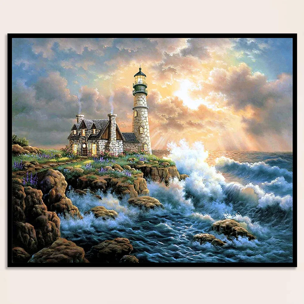 Full Cross Stitch 11CT Cotton Thread DIY Seaside Lighthouse Printed Crafts