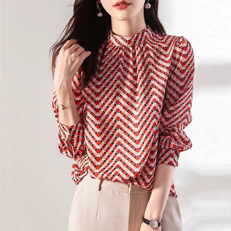 Red Printed Long Sleeve Shift Shirts & Tops QueenFunky