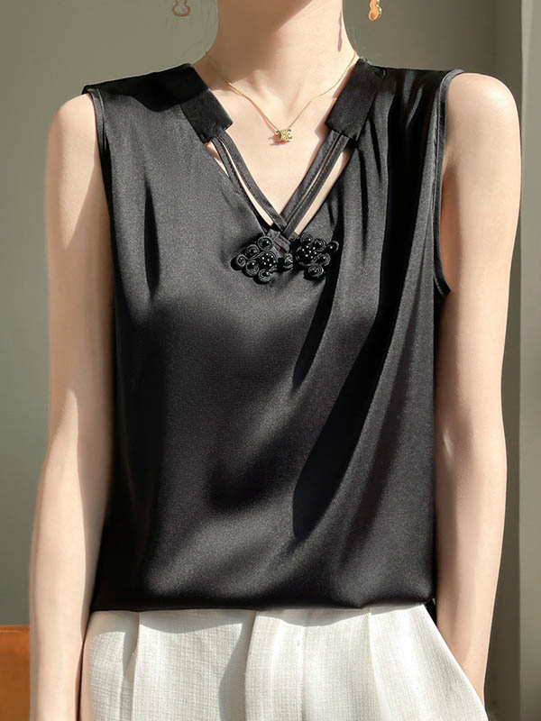 Solid Color Sleeveless Plus Size V-neck Vest Top BLACK-S