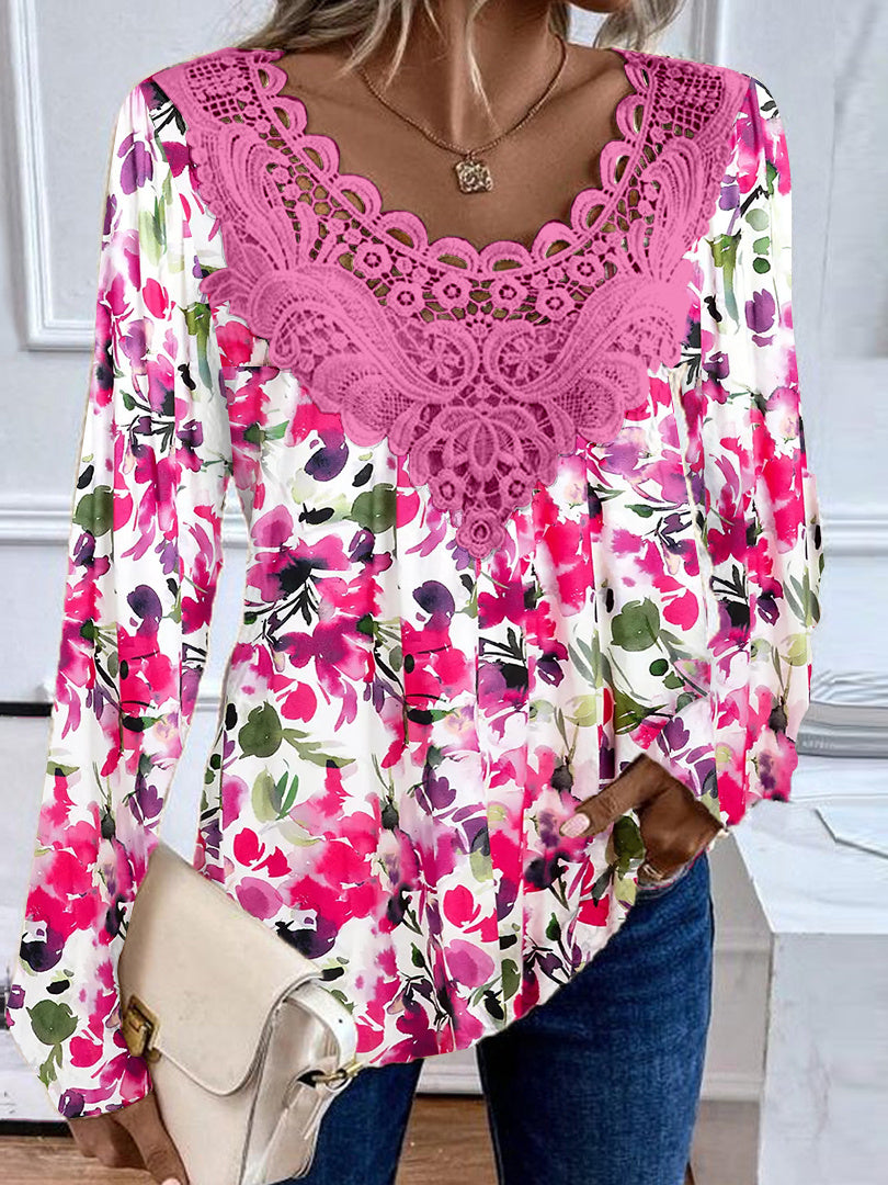 Women's Long Sleeve Scoop Neck Graphic Floral Printed Lace Top