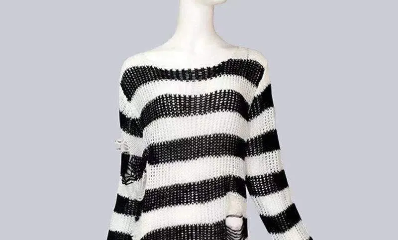 Punk Gothic Long Unisex Sweater 2020 Summer Women Striped Cool Hollow Out Hole Broken Jumper Loose Rock Thin Dark Streetwear Top 1029-1