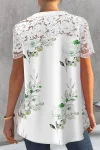 Plus Size Floral Print Lace Stitching Short Sleeve Button Up Blouse