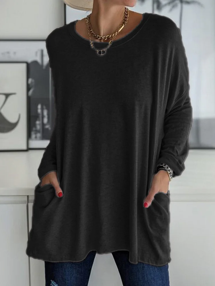 Casual Crew Neck With Pockets Loose Long Sleeve Blouse