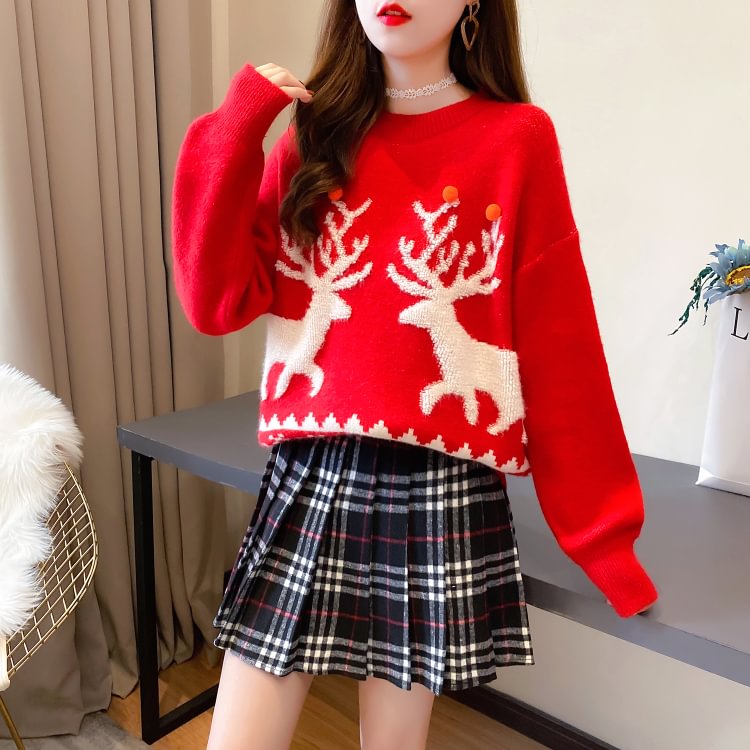Red Age-Reduction Sweater Thickened Woolen Skirt Sets