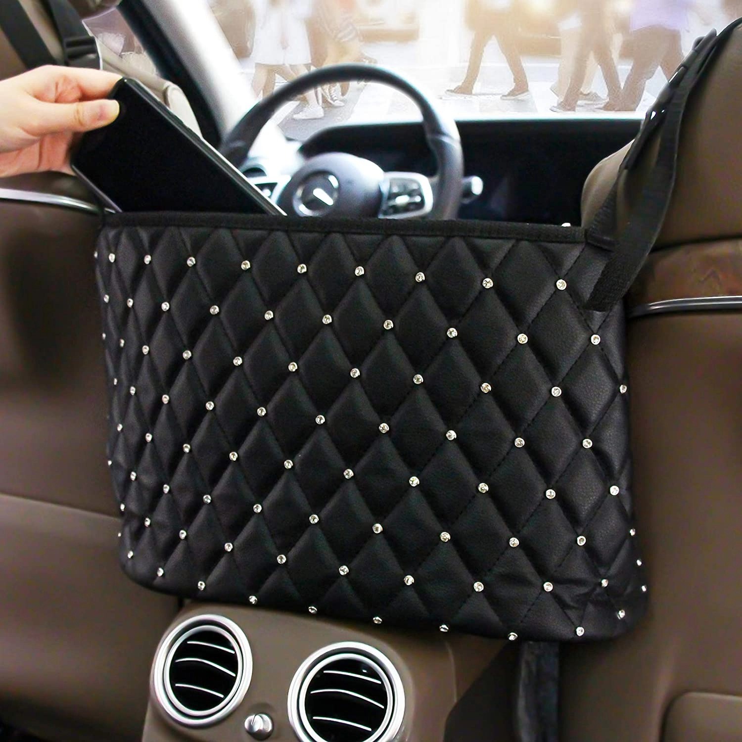 Bling Rhinestone Car Handbag Holder Luxury Leather Seat Back Organizer