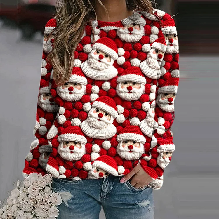 Wearshes Santa Claus Print Casual Crew Neck Sweatshirt