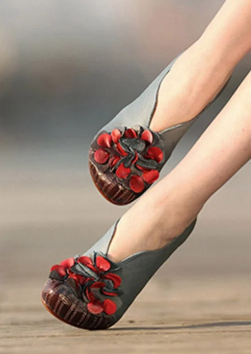 Unique Blue Cowhide Leather Shoes Flower Splicing Chunky High Heels