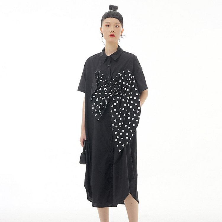 Fashion Loose Turn-down Collar Polka Dot Bow Decor Single-breasted Short Sleeve Dress  