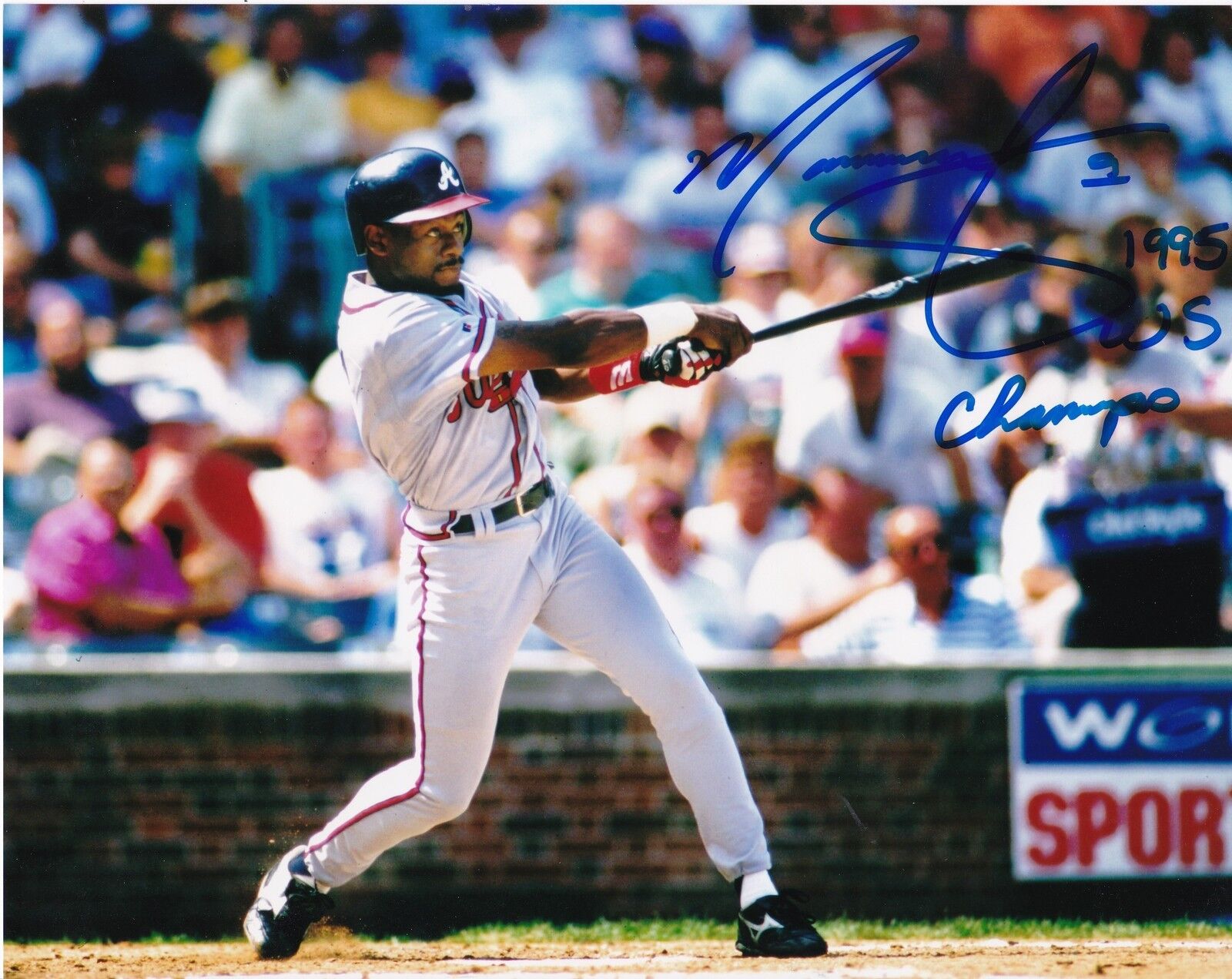 MARQUIS GRISSOM ATLANTA BRAVES 1995 WS CHAMPS ACTION SIGNED 8x10