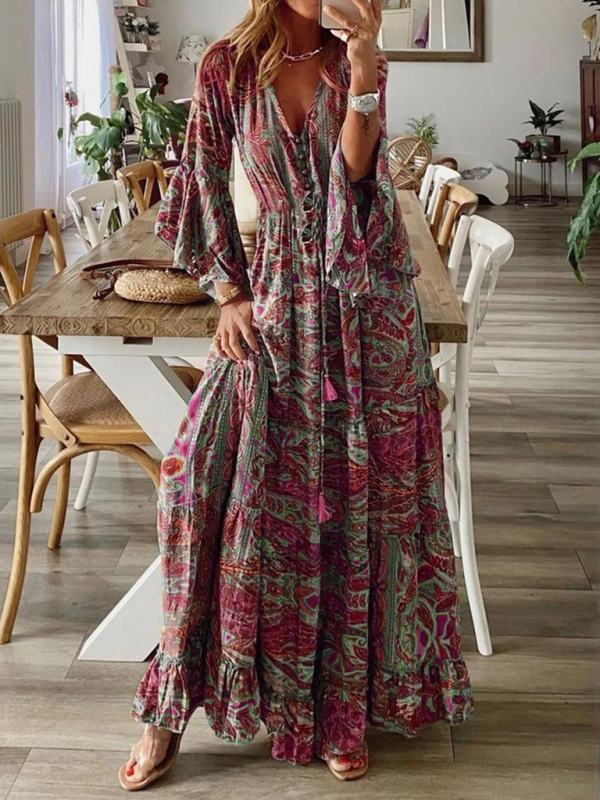 Mature Women Bohemian V-neck High Waist Holiday Floral Long Skirt Dress