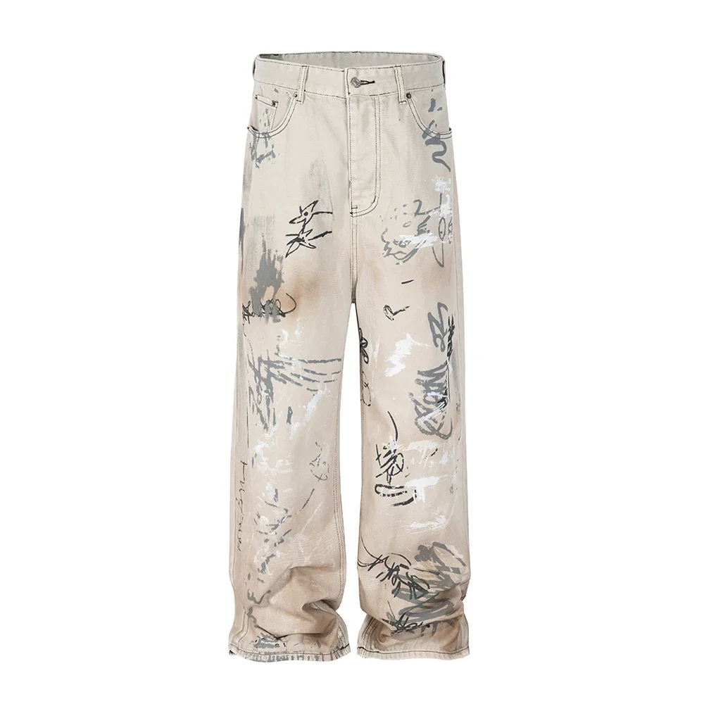 Abebey-Hand-painted Graffiti Washed Baggy Jeans for Men and Women Y2k Streetwear Pantalones Hombre Casual Denim Trousers Oversized