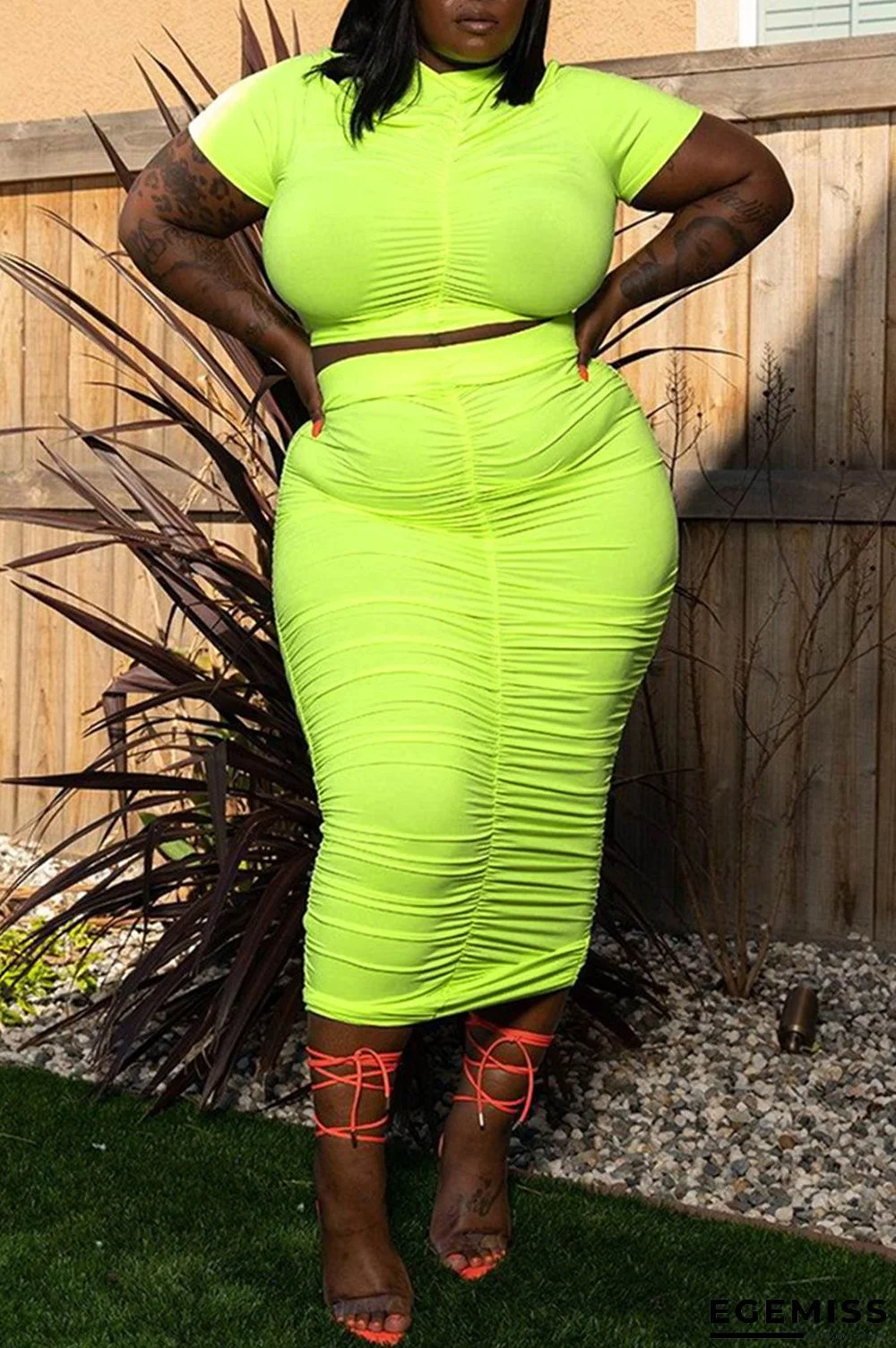 Fluorescent Yellow Fashion Casual Solid Fold O Neck Plus Size Two Pieces | EGEMISS