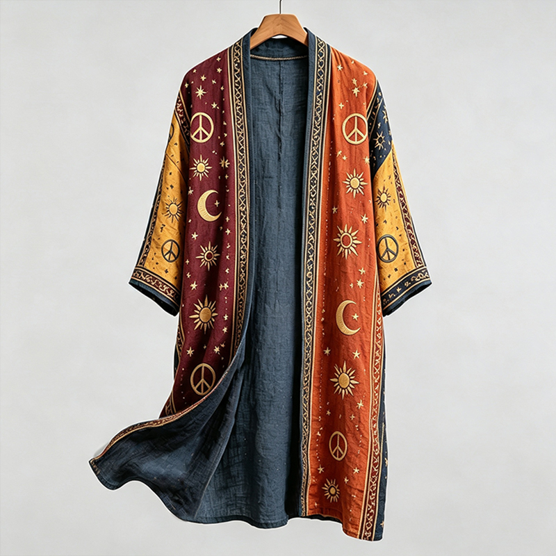 Men's Retro Hippie Peace Crescent Art Pattern Casual Long Cardigan  artssus