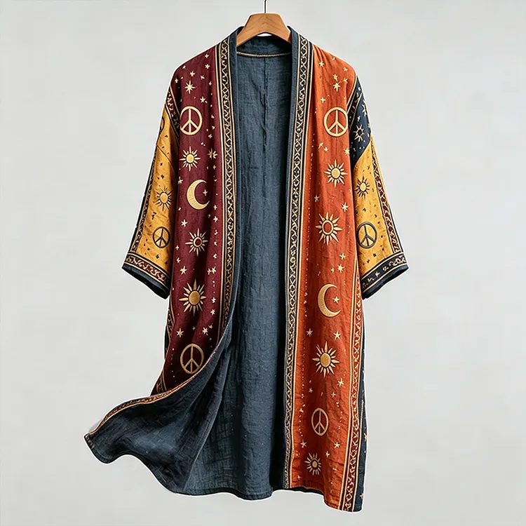Men's Retro Hippie Peace Crescent Art Pattern Casual Long Cardigan
