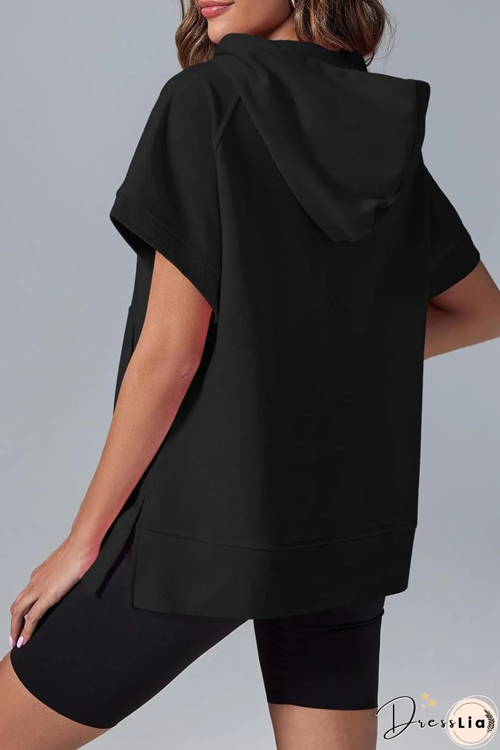 Black Half Zipper Kangaroo Pocket Short Sleeve Hoodie