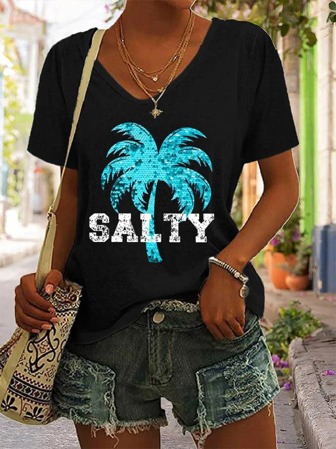 🔥Buy 3 Get 10% Off🔥Women's Summer Beach Salt Print V-Neck T-Shirt