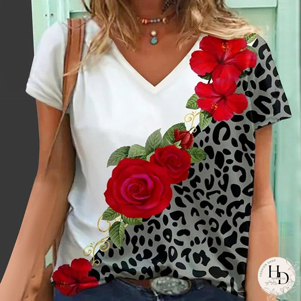 Floral Print Women T Shirts Casual Short Sleeve Loose Sexy V Neck Tops Fashion Street Ladies Shitrs Summer Tee New D30