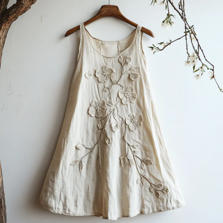 Vintage Floral Embroidery Casual Linen Sleeveless Dress
