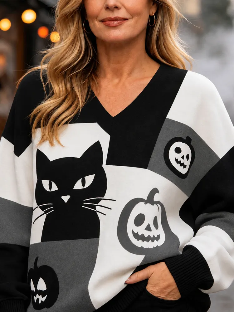Woman's Halloween V-neck Patchwork Hoodie, Featuring Black Cat And Pumpkin Lantern Patterns