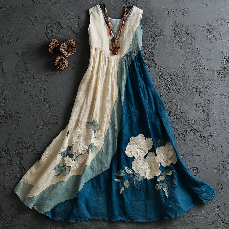 Women's Vintage Floral Embroidery Contrast Color Linen Sleeveless Dress