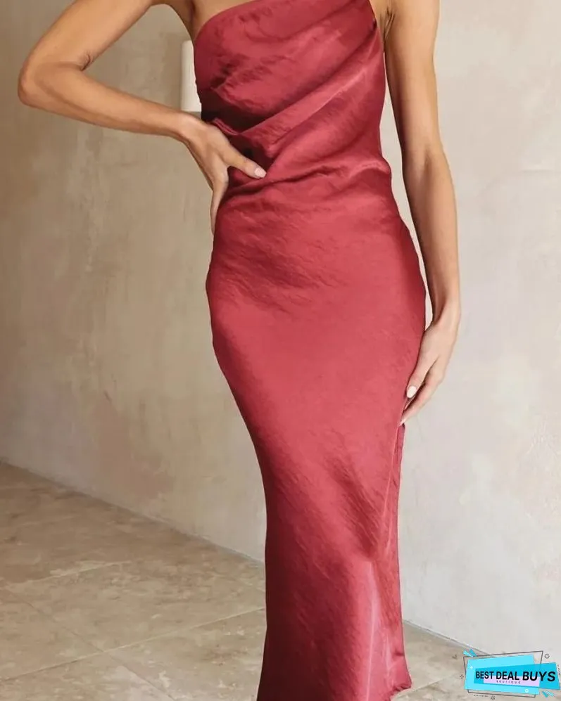 AILISA - RUCHED ONE SHOULDER SLIP MIDI DRESS