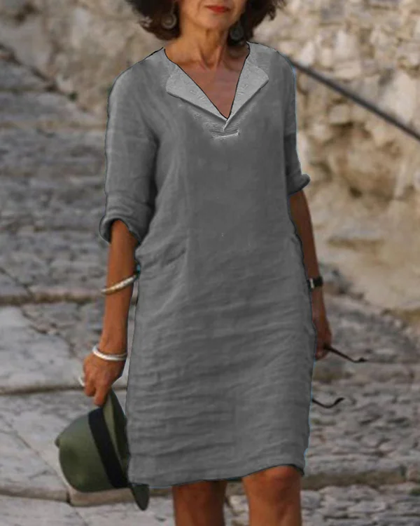 Casual Solid Color V-neck Cotton Dress